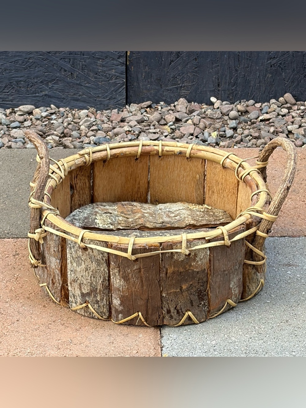 Primitive Wood & Bark Handmade Rustic Round Gathering Basket Vintage VTG Country - Picture 2 of 10
